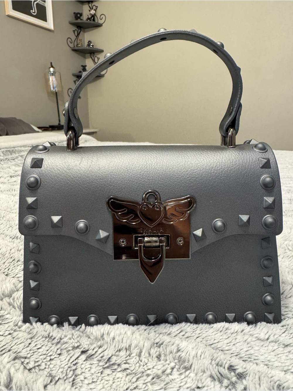 Gray Studded Top-Handle Bag with Heart Lock